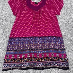 Marisol Dark Pink Floral Pattern Cotton Lined Golden Thread Midi Dress XXL